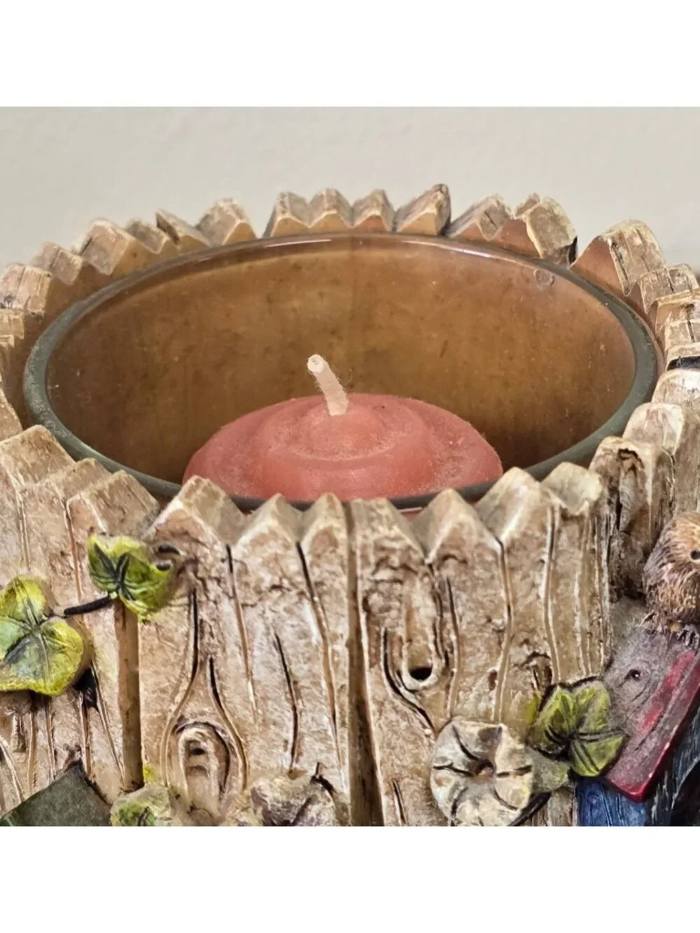 Birdhouse Themed Votive Candle Holder & Insert Rustic Tree Log Homespun Country